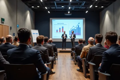 Conférence marketing digitale à Paris avec une intervenante présentant des stratégies digitales à un public de professionnels en salle moderne