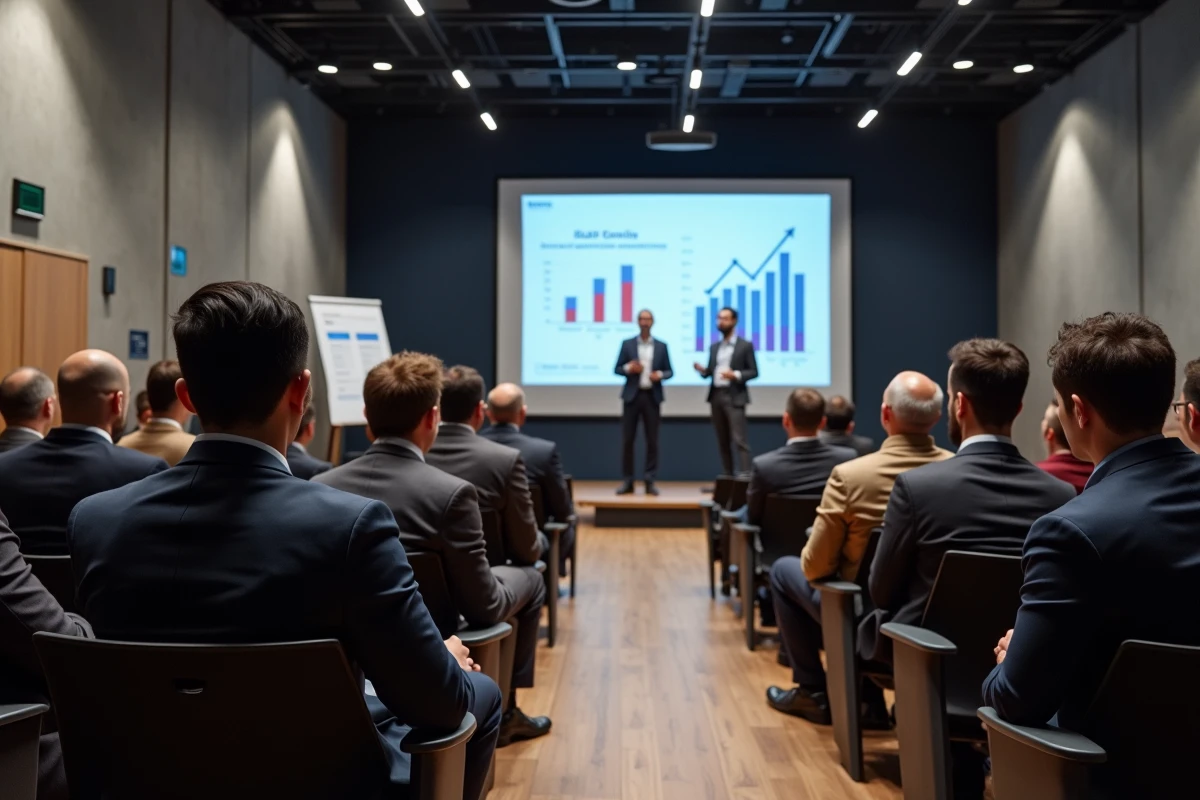 Conférence marketing digitale à Paris avec une intervenante présentant des stratégies digitales à un public de professionnels en salle moderne