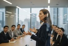 Femme confiante en conférence moderne en navy