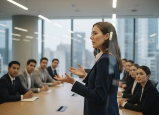 Comment une formation en prise de parole en public peut booster votre carrière ? Femme confiante en conférence moderne en navy