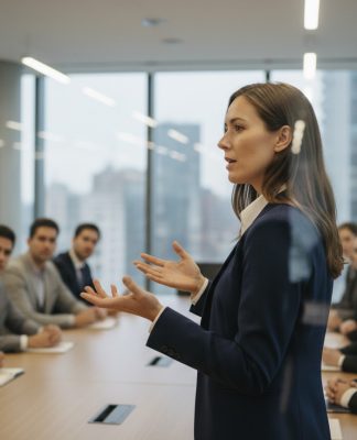 Femme confiante en conférence moderne en navy