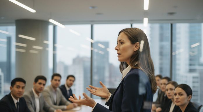 Femme confiante en conférence moderne en navy