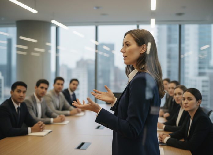 confiante-femme-conference Femme confiante en conférence moderne en navy