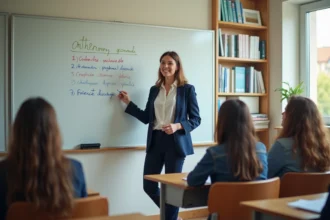 Professeure de français expliquant la conjugaison du verbe accueillir au présent devant un tableau blanc en salle de classe