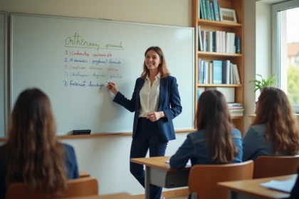 Professeure de français expliquant la conjugaison du verbe accueillir au présent devant un tableau blanc en salle de classe