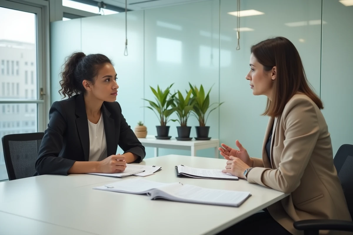 Entretien de conseil VAE entre un candidat et une conseillère en orientation dans un bureau administratif professionnel