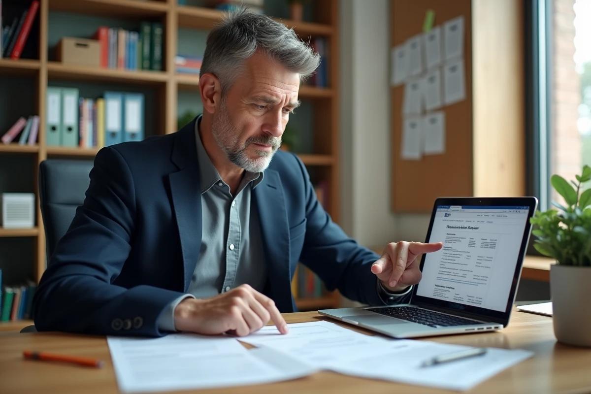 Conseiller pédagogique consultant les résultats scolaires sur ordinateur dans un bureau d'orientation
