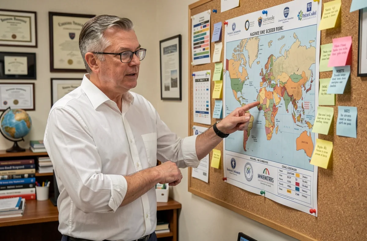Conseiller universitaire présentant un tableau de classements d'universités mondiales dans son bureau académique