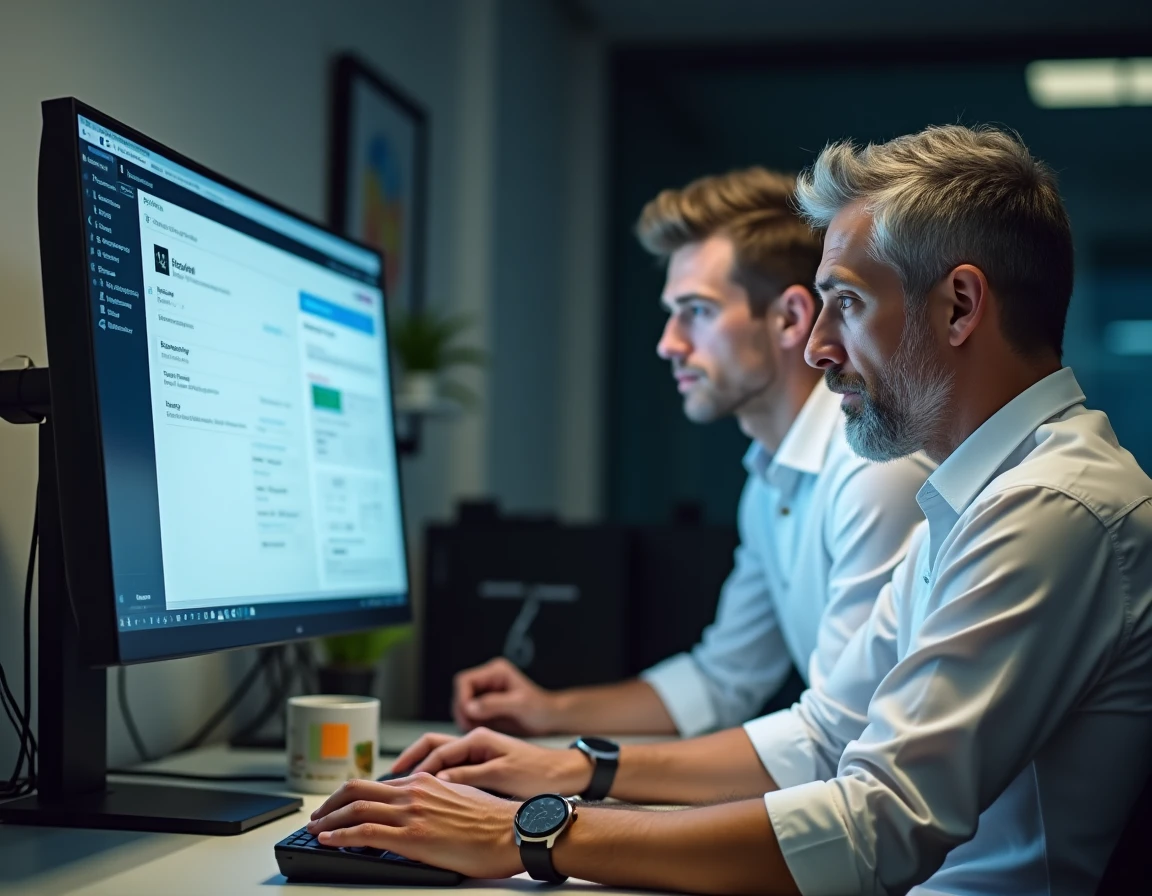 Un consultant IT expérimenté guide un collègue lors de la configuration et de la prise en main d'ELGEAWEB Connexion v3 dans un espace technique de bureau