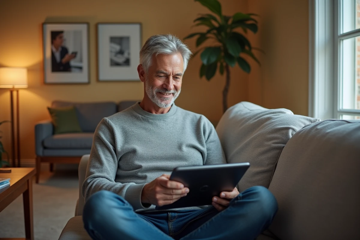 Homme consultant un catalogue de conférences professionnelles sur tablette depuis son bureau à domicile