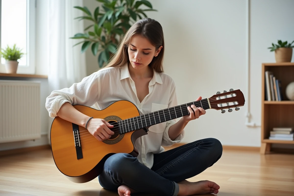 Jeune femme assise au sol analysant un accord Gm sur une guitare classique dans un appartement minimaliste lumineux