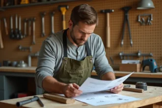 Homme en tablier étudiant un guide de bricolage avant de choisir ses outils dans un atelier maison bien rangé