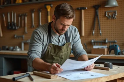 Homme en tablier étudiant un guide de bricolage avant de choisir ses outils dans un atelier maison bien rangé