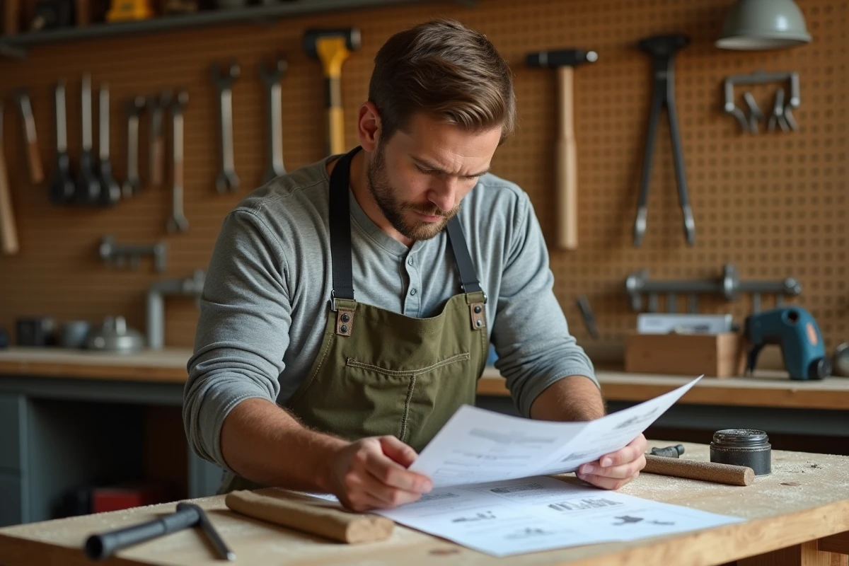 Homme en tablier étudiant un guide de bricolage avant de choisir ses outils dans un atelier maison bien rangé