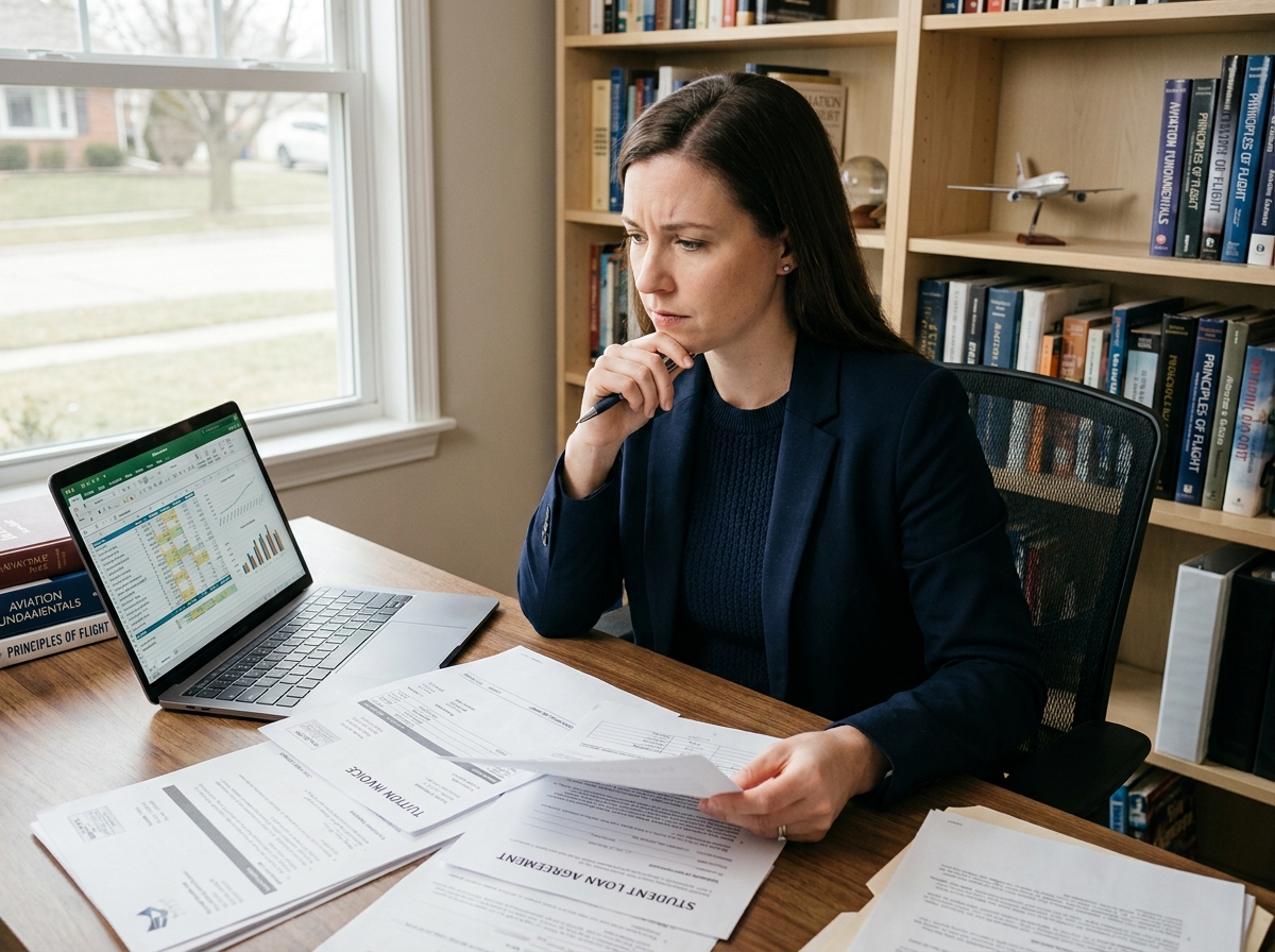 Femme analysant les coûts financiers d'une formation pilote de ligne avec des documents et factures sur un bureau