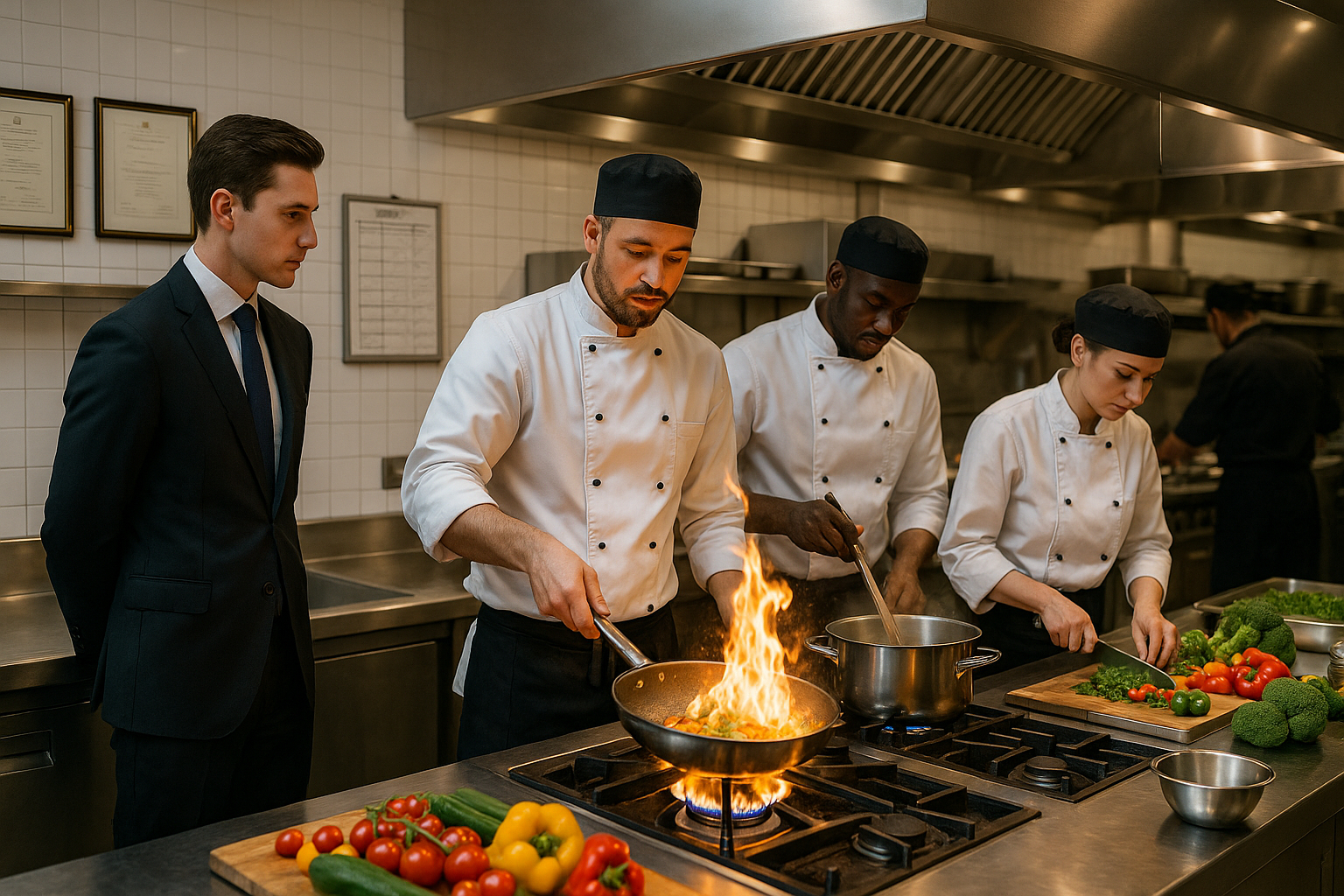 Scène de cuisine professionnelle dans un hôtel de luxe avec équipe en action
