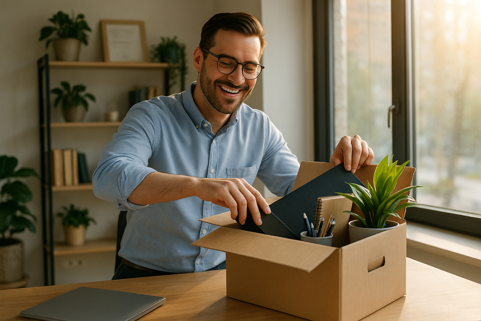 Personne souriante emballant un bureau pour un nouveau depart
