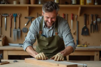 Homme bricoleur débutant mesurant une planche en bois dans un atelier maison organisé, formation bricolage pratique