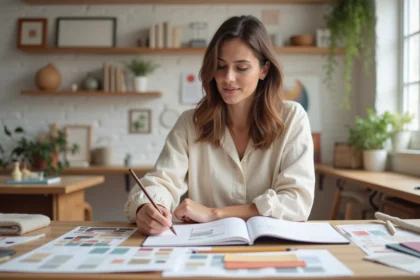 Décoratrice freelance travaillant sur des échantillons de matières et un carnet de croquis dans un studio de décoration intérieure
