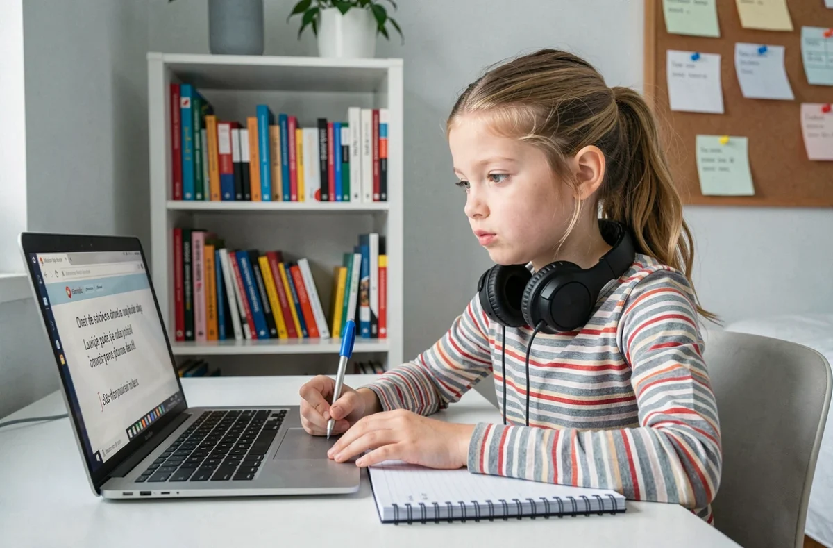 Jeune fille faisant une dictée en ligne sur ordinateur portable à son bureau à la maison