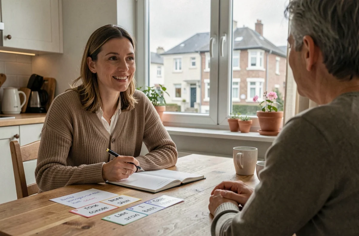 Dihia, professeure de langues, donnant un cours d'anglais à domicile à Boulogne-sur-Mer dans un cadre familial chaleureux