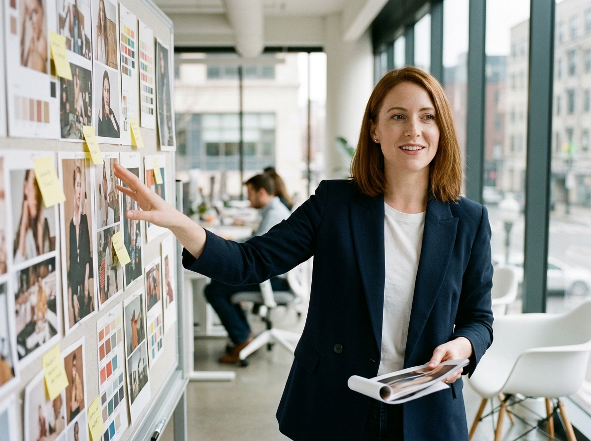 Directrice artistique en agence de design présentant des visuels de campagne lors d'une réunion créative professionnelle