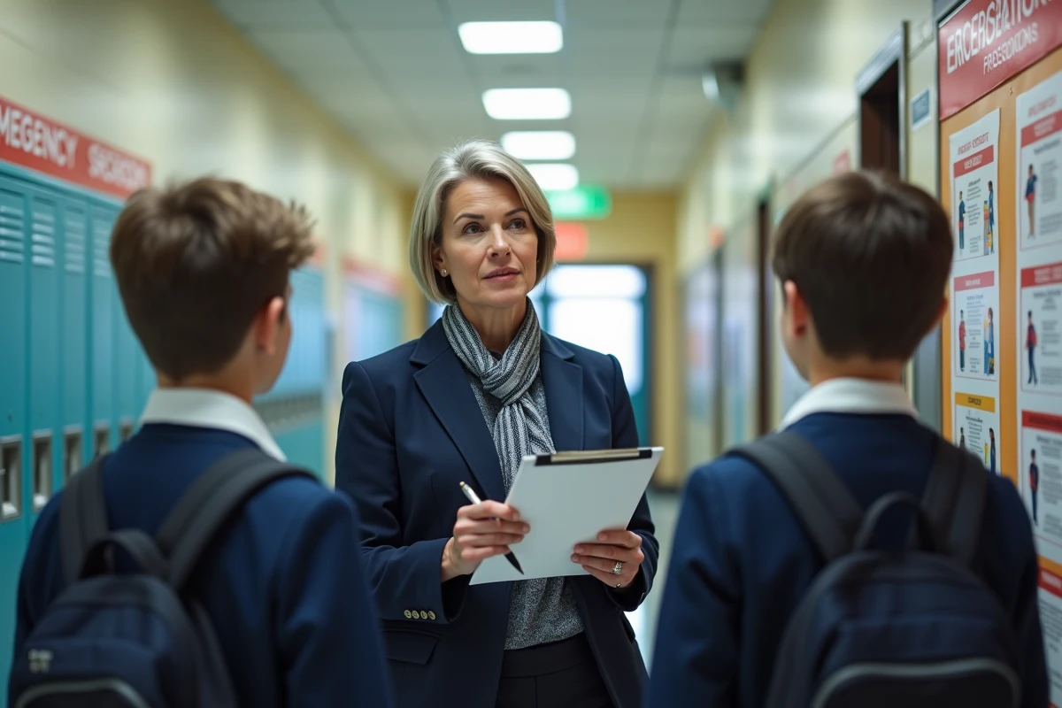 Directrice expliquant les procédures de sécurité aux élèves