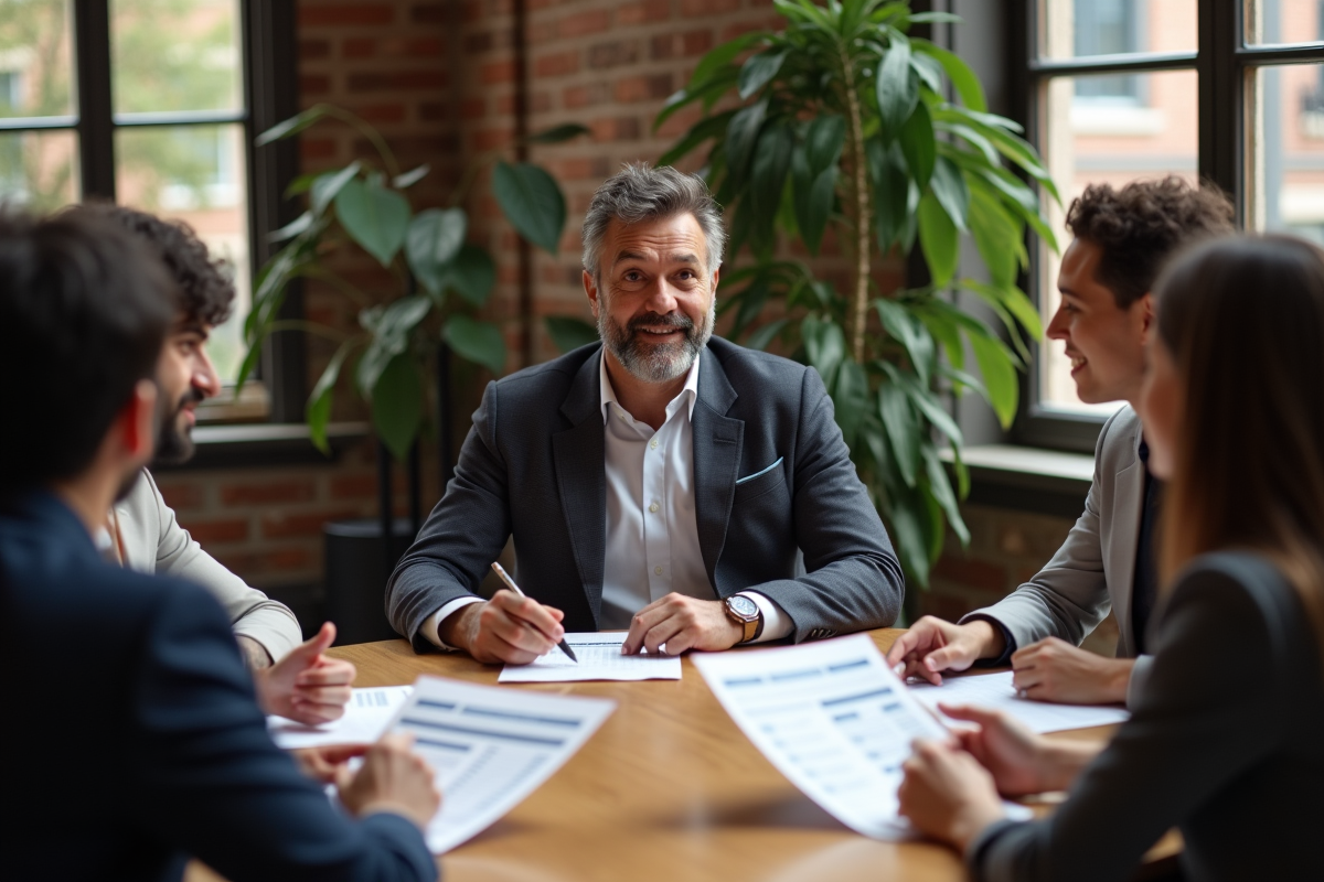 Groupe de clients discutant de prix avec un coach dans un espace coworking