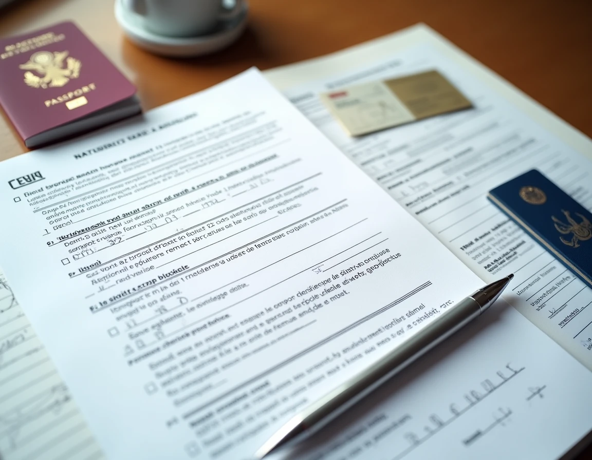 Vue rapprochée des documents du questionnaire de naturalisation française avec formulaires administratifs et passeport sur un bureau