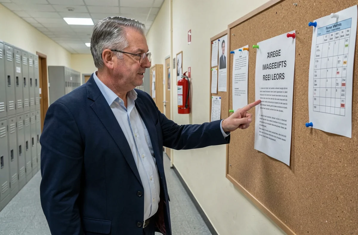 Directeur de collège affichant une notice sur le droit à l'image des élèves dans un couloir scolaire
