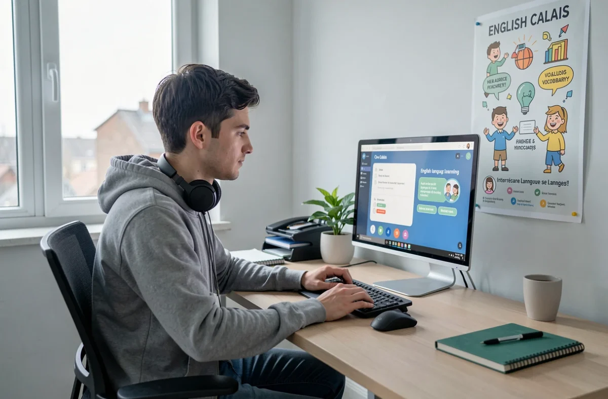 Étudiant adulte suivant un cours d'anglais en ligne avec E-Dutainment à Calais sur un ordinateur de bureau