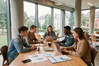 Étudiants en école de commerce en Bourgogne-Franche-Comté collaborant autour d'une table dans un campus moderne