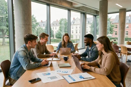 Étudiants en école de commerce en Bourgogne-Franche-Comté collaborant autour d'une table dans un campus moderne