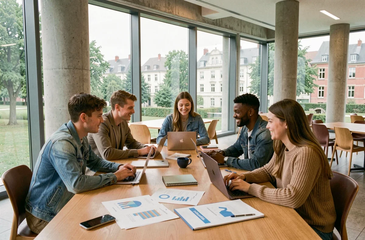 Étudiants en école de commerce en Bourgogne-Franche-Comté collaborant autour d'une table dans un campus moderne