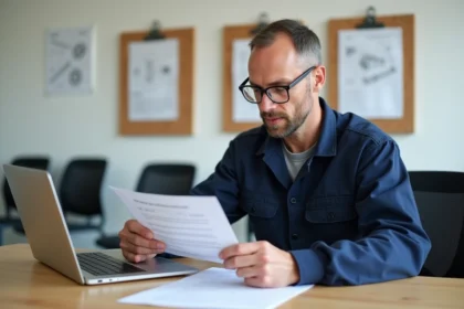 Électricien en formation consultant une banque de questions Habilec 8 sur papier dans une salle de formation professionnelle