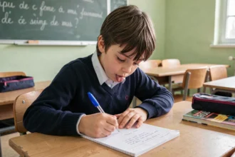 Élève de CM2 concentré en train d'écrire une dictée dans son cahier de classe