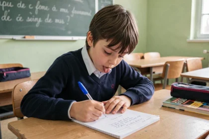 Élève de CM2 concentré en train d'écrire une dictée dans son cahier de classe