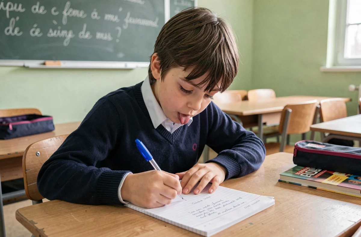 Élève de CM2 concentré en train d'écrire une dictée dans son cahier de classe