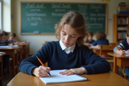 Jeune élève de collège écrivant conjugaisons de manger