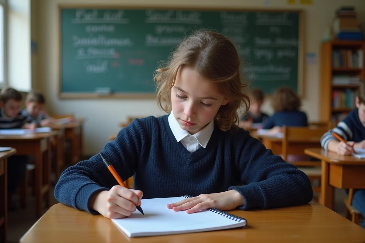 Jeune élève de collège écrivant conjugaisons de manger