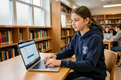Élève de collège connectée à l'ENT sur un ordinateur portable dans une bibliothèque scolaire