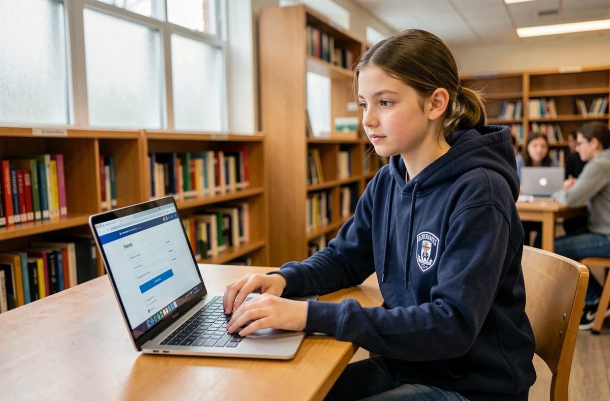 Élève de collège connectée à l'ENT sur un ordinateur portable dans une bibliothèque scolaire