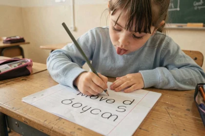 Jeune élève de CP écrivant sur une feuille Séyes à grands carreaux dans une salle de classe française