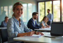 Étudiant souriant en classe moderne prenant des notes