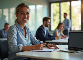Étudiant souriant en classe moderne prenant des notes