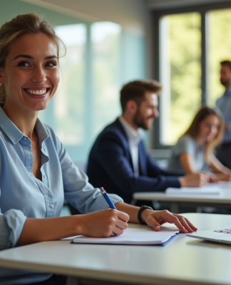 Étudiant souriant en classe moderne prenant des notes
