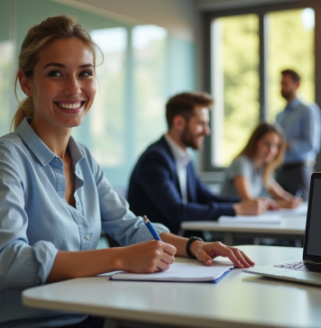 Étudiant souriant en classe moderne prenant des notes