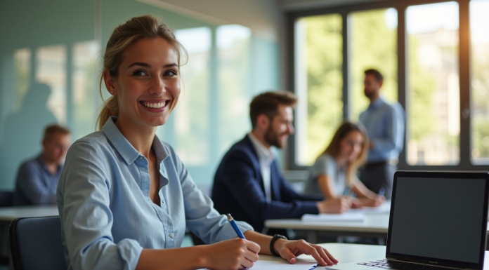 Étudiant souriant en classe moderne prenant des notes