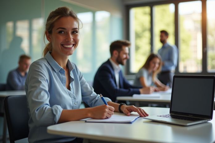 Étudiant souriant en classe moderne prenant des notes