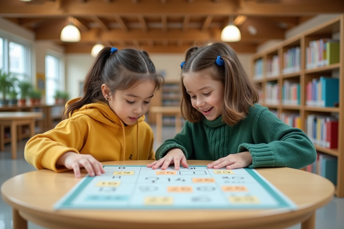 Deux élèves collaborant autour d'une table de multiplication Montessori interactive posée sur une table ronde dans une bibliothèque scolaire moderne